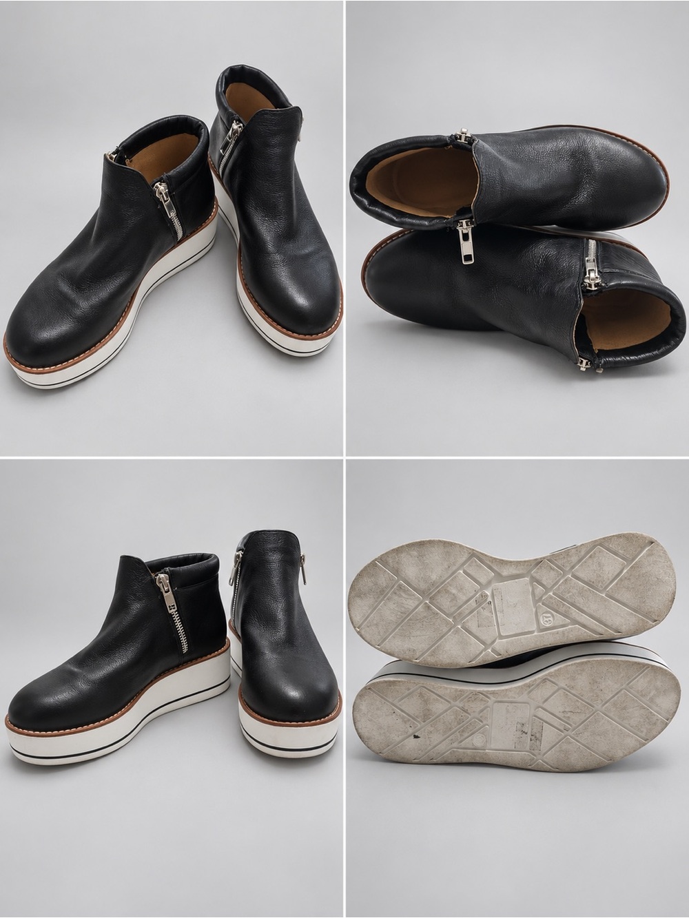 Women's Black Leather Zip Ankle Booties with Platform Sole
